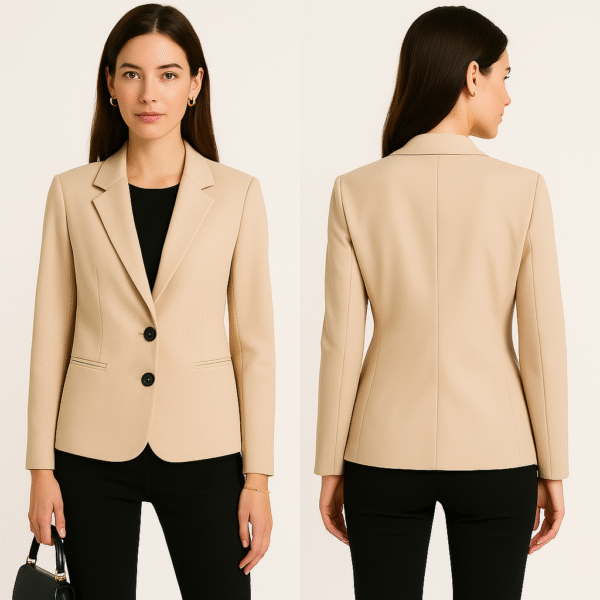 Blazer beige elegante con diseño clásico.